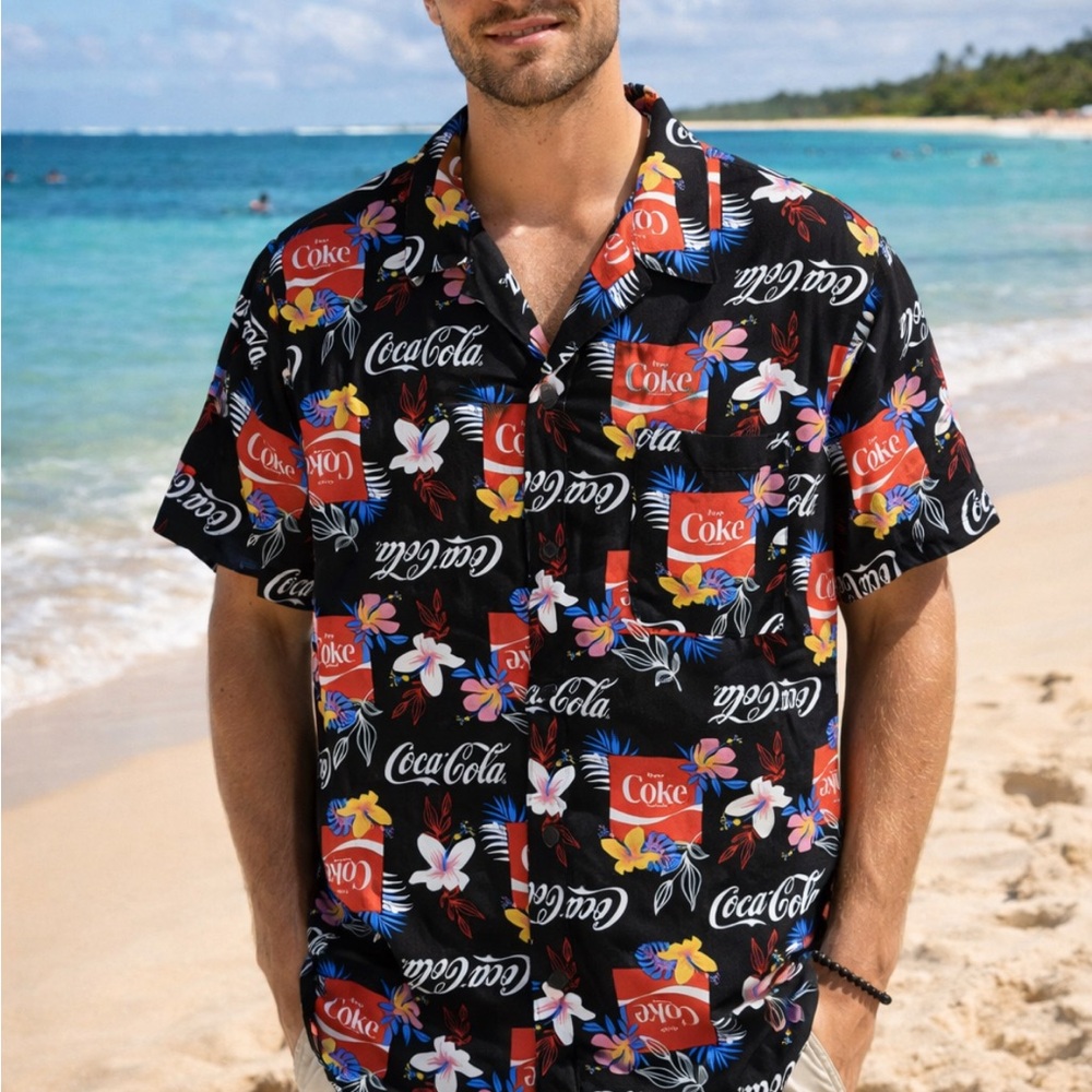 Coca Cola Men's Black and Red Tropical Shirt